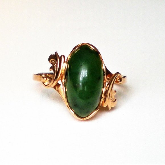 Vintage Russian Russia 14K 583 Rose Pink Gold Green Nephrite Jade Bypass Ring - Picture 3 of 9